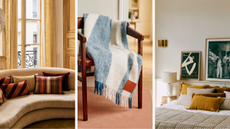 a set of three images. The first is a living room with a tan couch and several pillows on it, the middle is a chair with a blanket draped on it, and the third is a bedroom with artwork leaning against the wall and many pillows on the bed