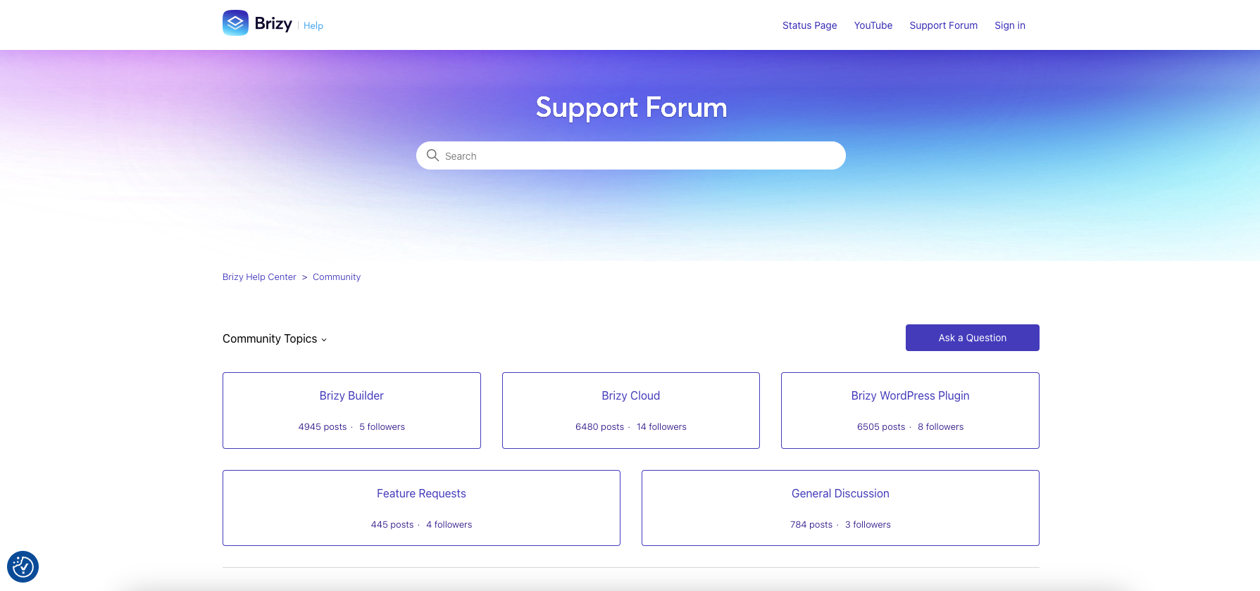 screenshot of brizy website builder support page