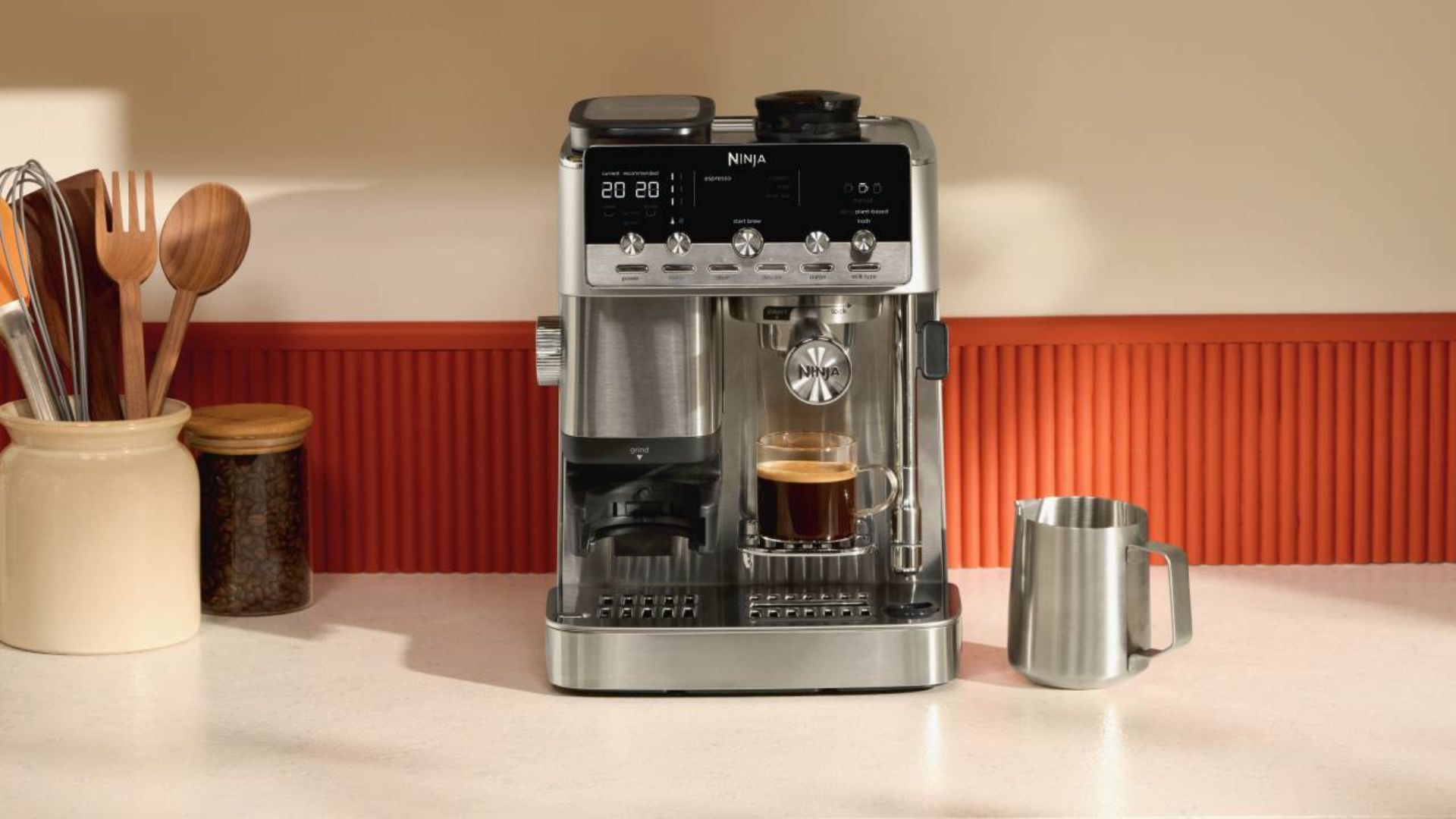 Ninja&amp;nbsp;Luxe Caf&amp;eacute; Mini Plus Espresso Machine on a counter