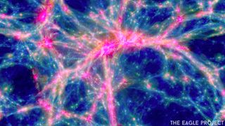 A visualization from the Evolution and Assembly of Galaxies and their Environments (EAGLE) Project, a simulation which models 7 billion particles to describe how galaxies form and evolve. A new study finds that neutrinos may have subtly altered the structure of the cosmic web of galaxies.