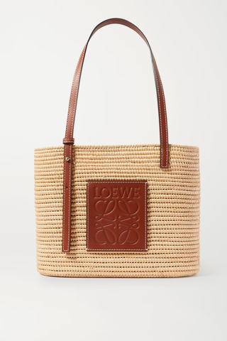 Best Woven Bags | LOEWE + Paula's Ibiza Small Leather-Trimmed Woven Raffia Tote