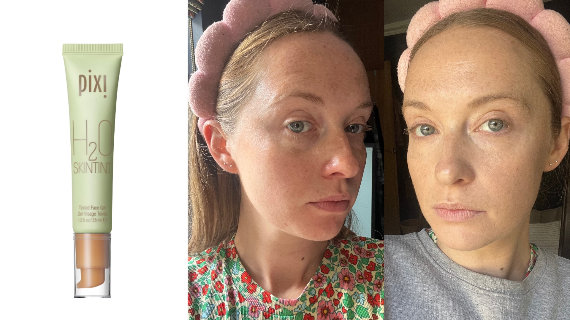 On the left is a product shot of the Pixi H20 SkinTint, followed by two pictures of Beauty Writer, Annie Milroy first without makeup and then wearing the Pixi H20 SkinTint.