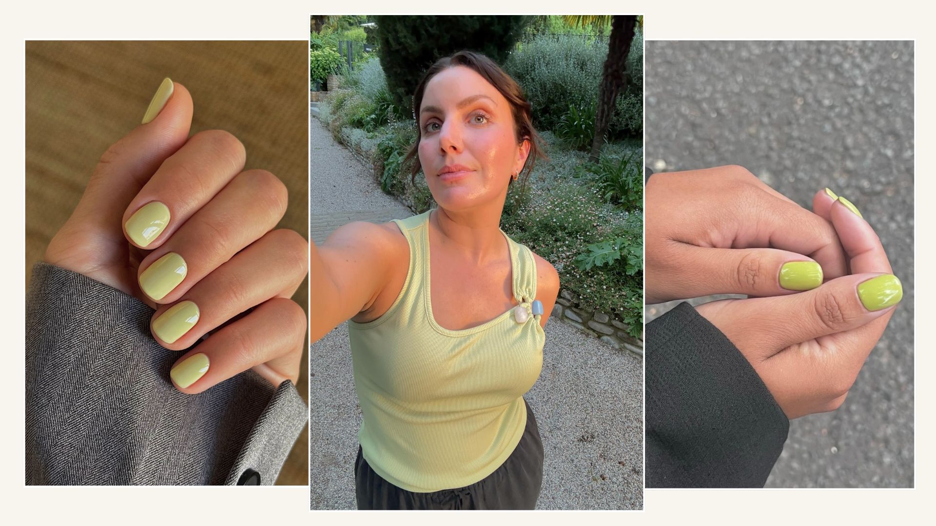 A collage of two pistachio manicures and a woman wearing a pistachio green vest top