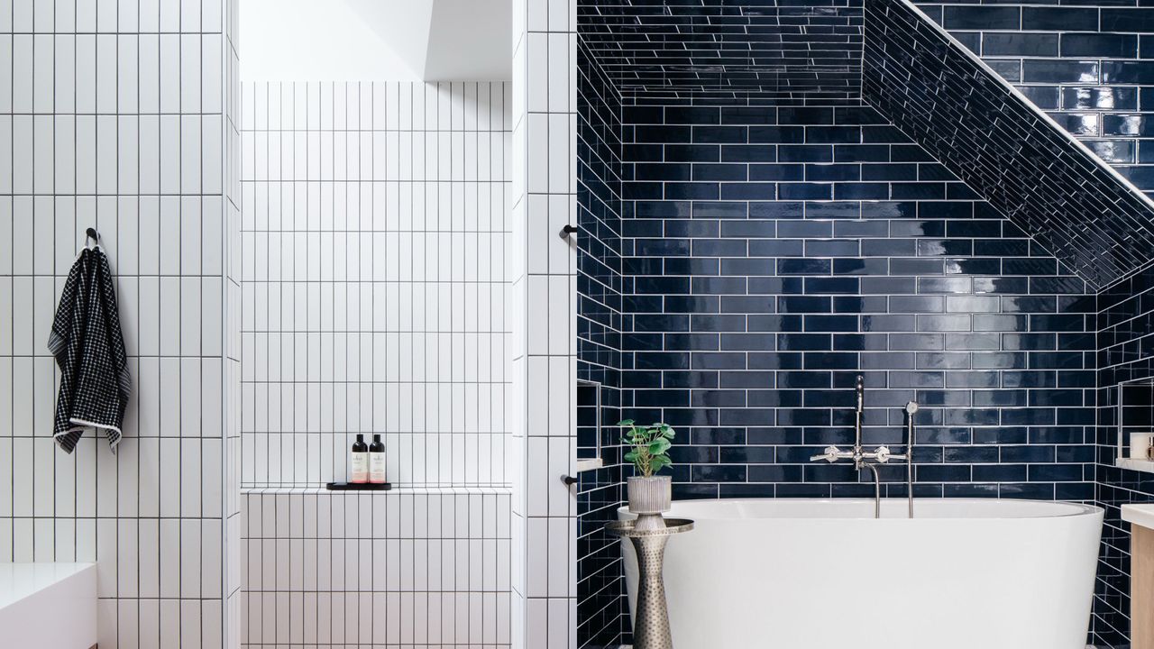 Two bathrooms, one with vertical and the other with horizontal tiles