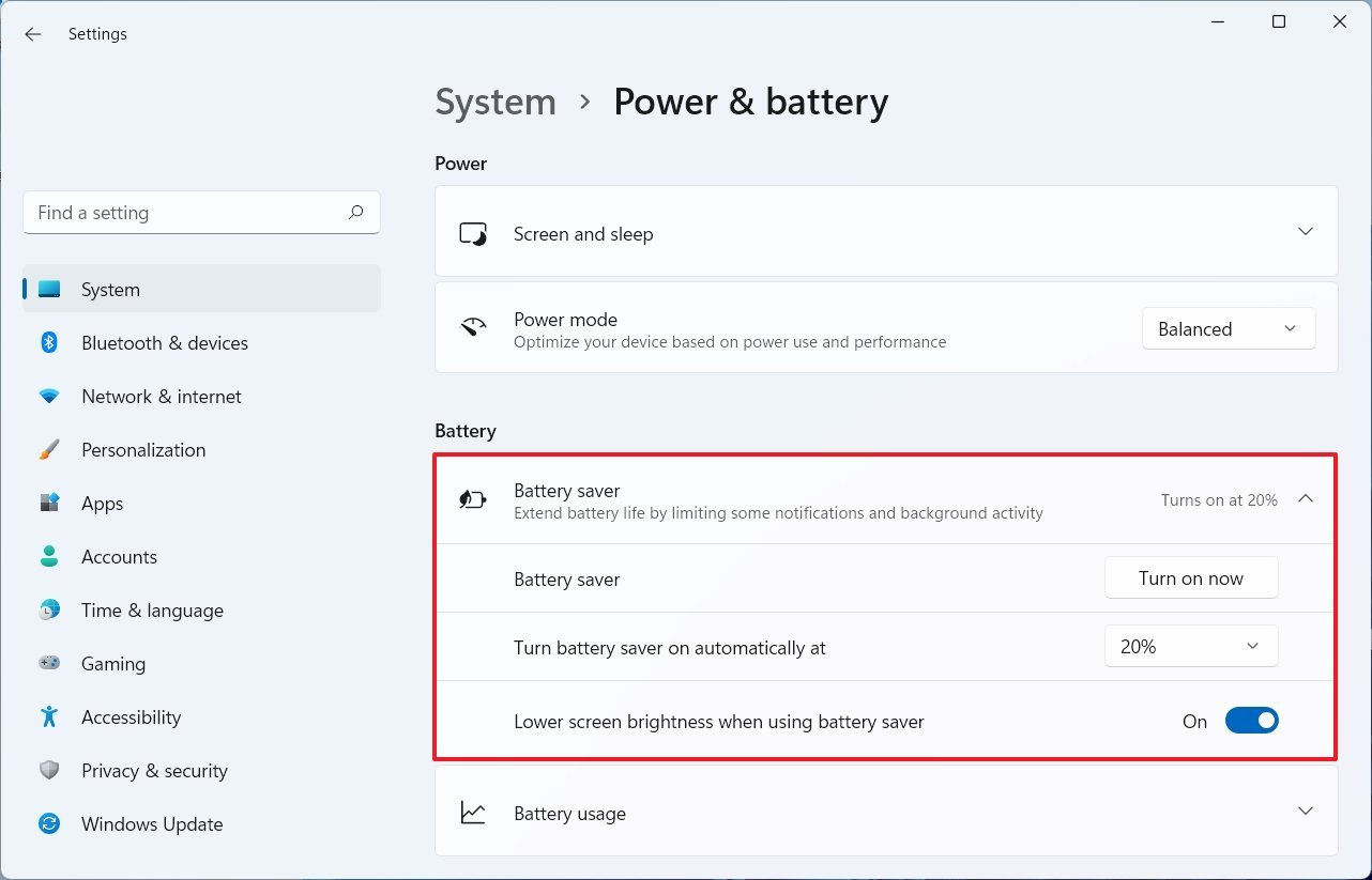 Windows 11 Battery Saver Settings