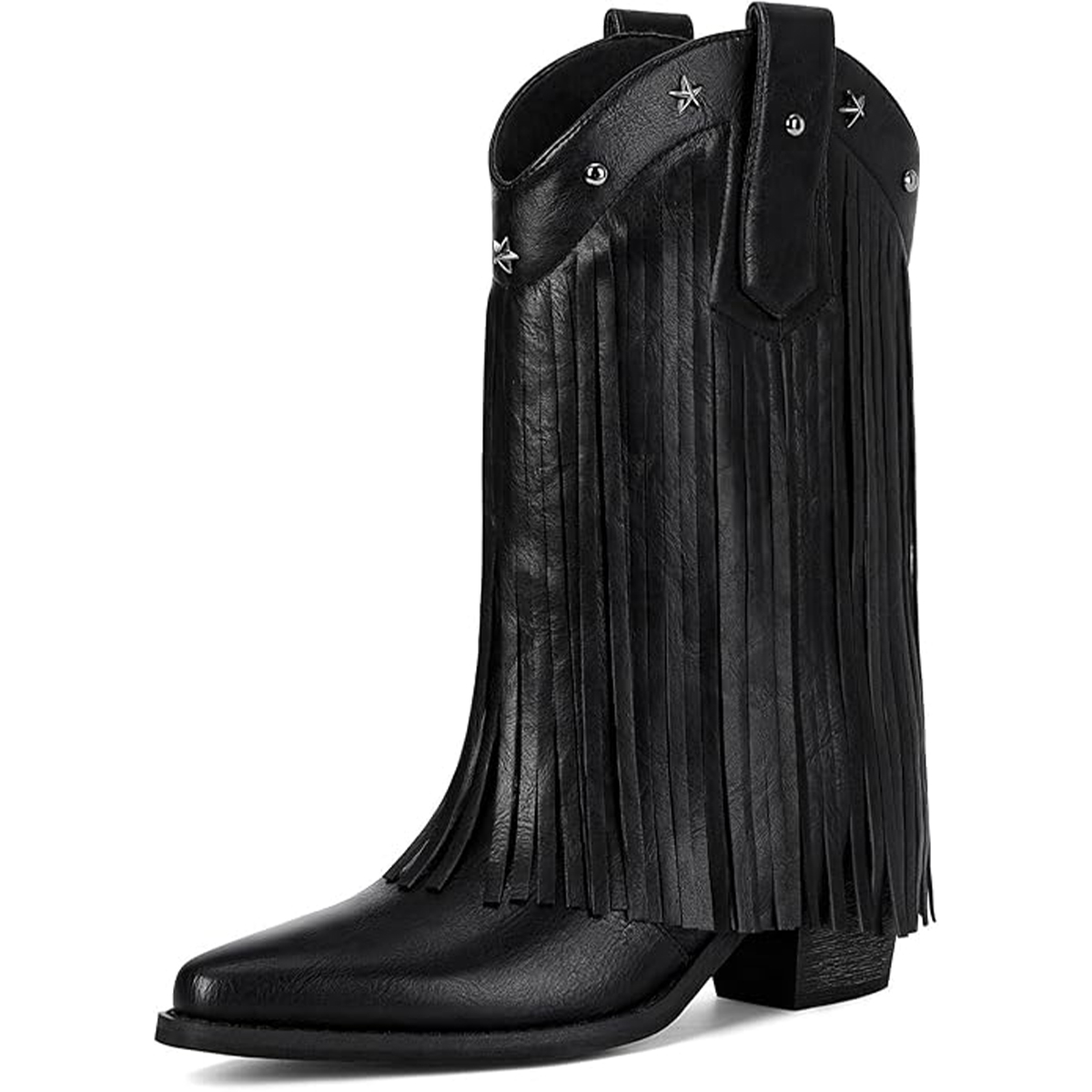 Bybmorto, Bybmorto Black Fringe Cowboy Boots for Women &amp;ndash; Star Studded Mid Calf Cowgirl Booties With Pointed Toe and Chunky Heel, Fashionable Western Style for Country Music Festivals, Size 7.5