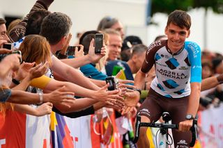 Romain Bardet parades during the team presentation ceremony in Dusseldorf, Germany