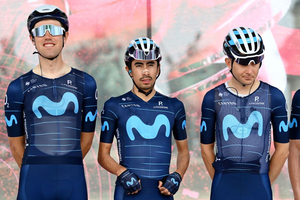 VISEGRAD HUNGARY MAY 06 LR Oier Lazkano Lopez of Spain Ivan Ramiro Sosa Cuervo of Colombia and William Barta of United States and Movistar Team during the team presentation prior to the 105th Giro dItalia 2022 Stage 1 a 195km stage from Budapest to Visegrd 337m Giro WorldTour on May 06 2022 in Visegrad Hungary Photo by Stuart FranklinGetty Images