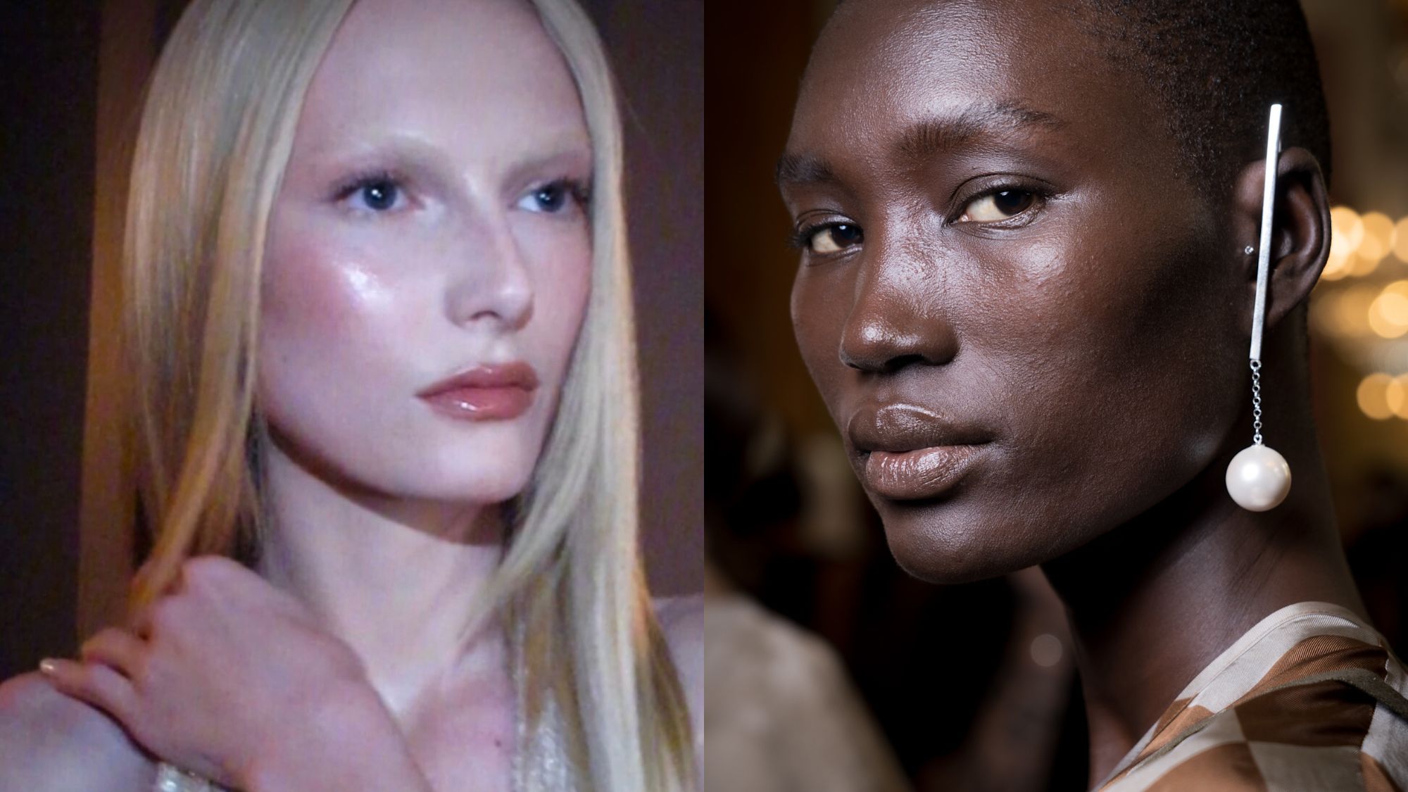 An image of Alex Consani with dewy skin by Loftjet and a model backstage at Uma Wang.