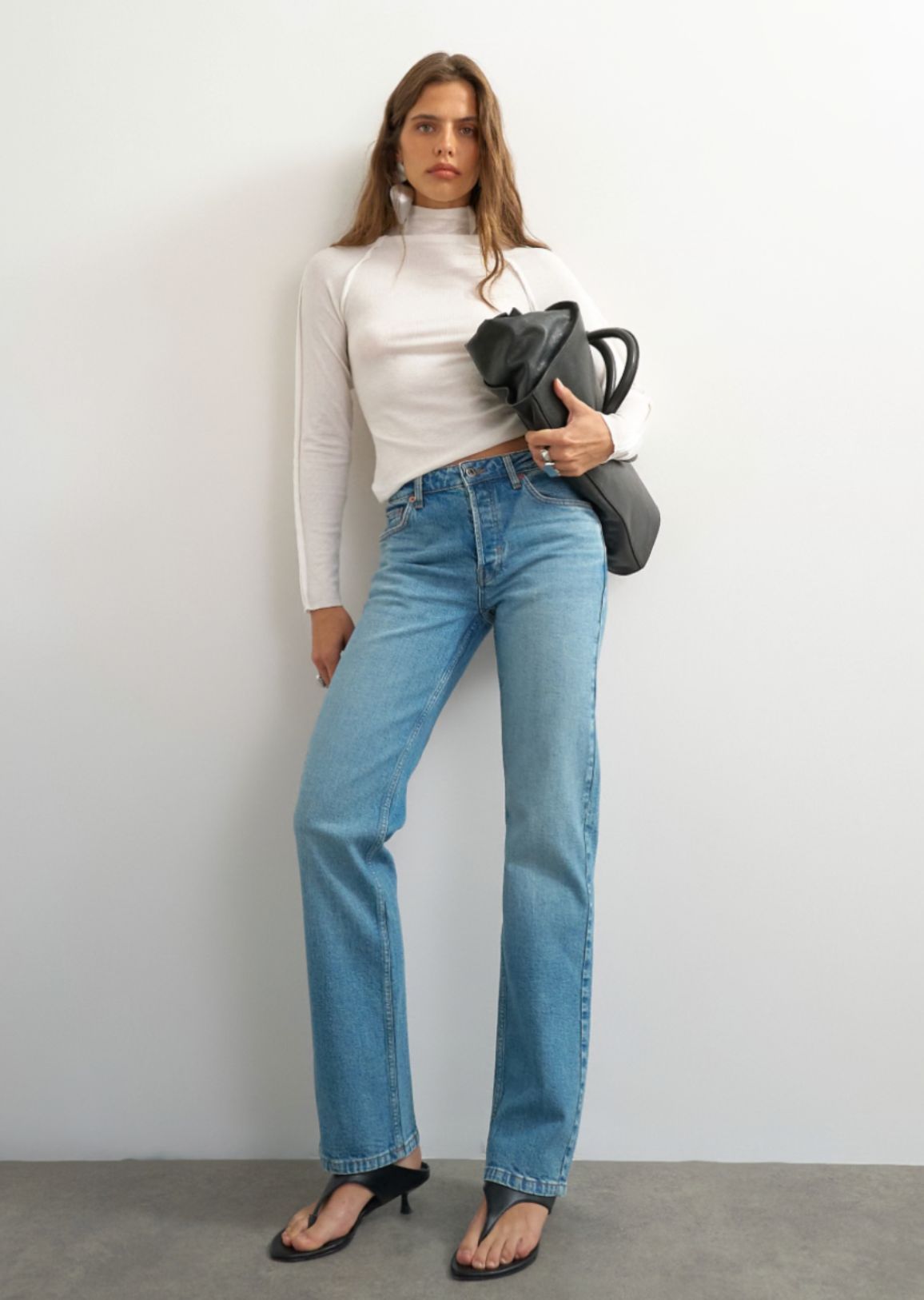 Topshop X Cara high rise slim straight jean in green cast