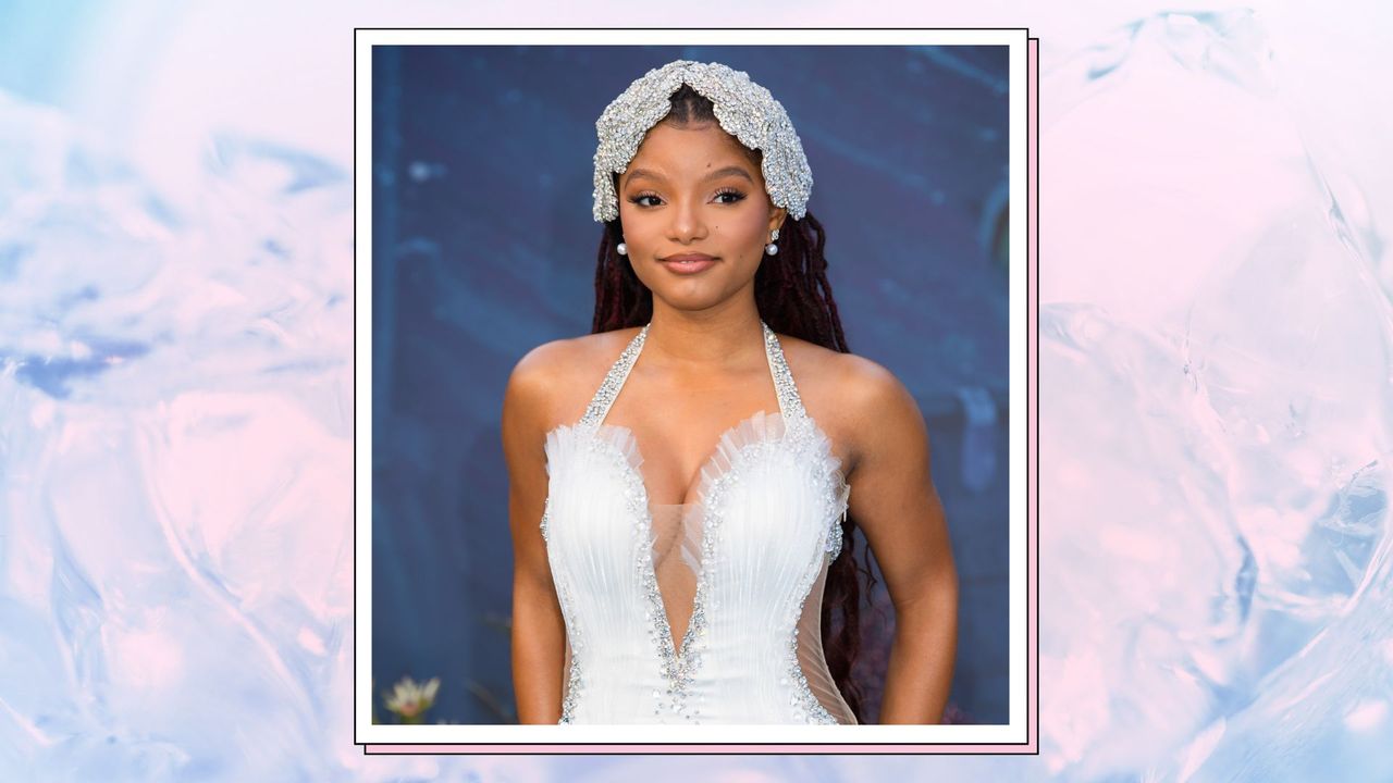 Halle Bailey wears a &#039;mermaidcore&#039; white dress with diamantes and matching headpiece/ in a pink tinted ocean/water template