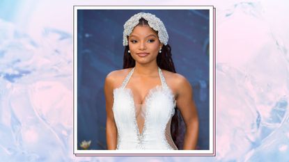 Halle Bailey wears a 'mermaidcore' white dress with diamantes and matching headpiece/ in a pink tinted ocean/water template