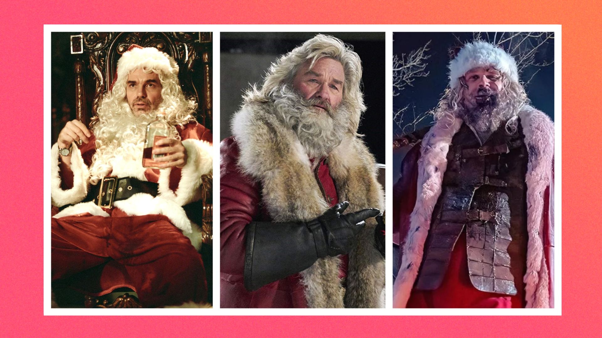 Three photos of different actors portraying Santa Claus sliced together 