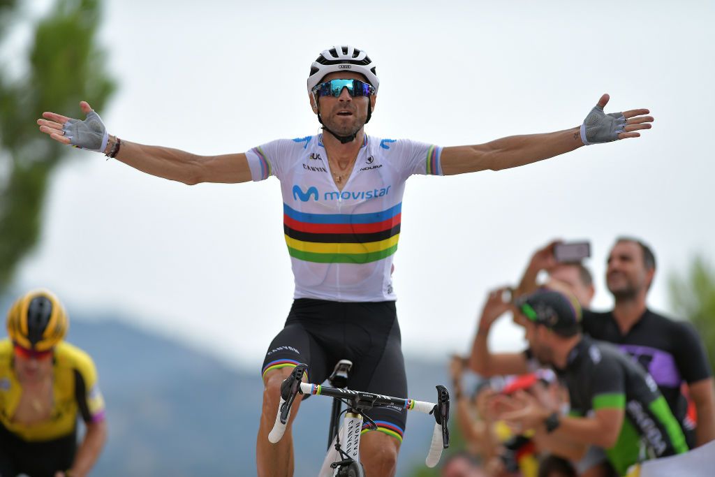 Alejandro Valverde sits up and celebrates