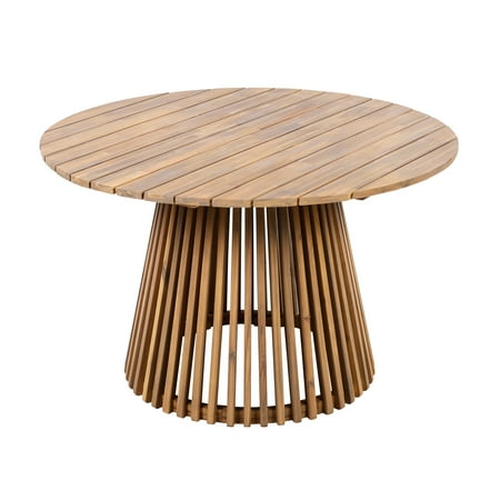 Christopher Knight Home 47" Round Outdoor Dining Table, Wood Patio Table With Slatted Pedestal Base, Light Teak