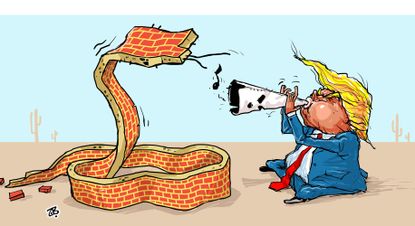 Political cartoon U.S. Trump wall snake charmer government shutdown