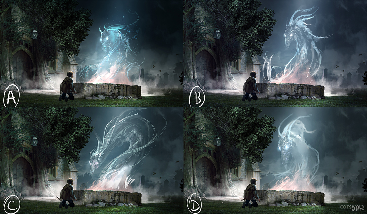 Cotswold Mist; illustrations of a ghostly horse emerging beneath a stone bridge