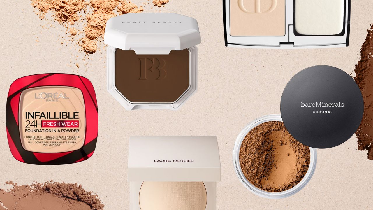 Collage of five of the best powder foundations featured in this guide from (left to right) L'Or&eacute;al Paris, Fenty Beauty, Laura Mercier, Dior and bareMinerals, set in front of powder product against a beige background 