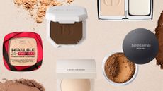 Collage of five of the best powder foundations featured in this guide from (left to right) L'Oréal Paris, Fenty Beauty, Laura Mercier, Dior and bareMinerals, set in front of powder product against a beige background