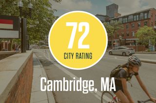 A logo of Cambridge, Massachusetts' City Ratings overlaid on an image of someone riding a bike down a quaint downtown street..