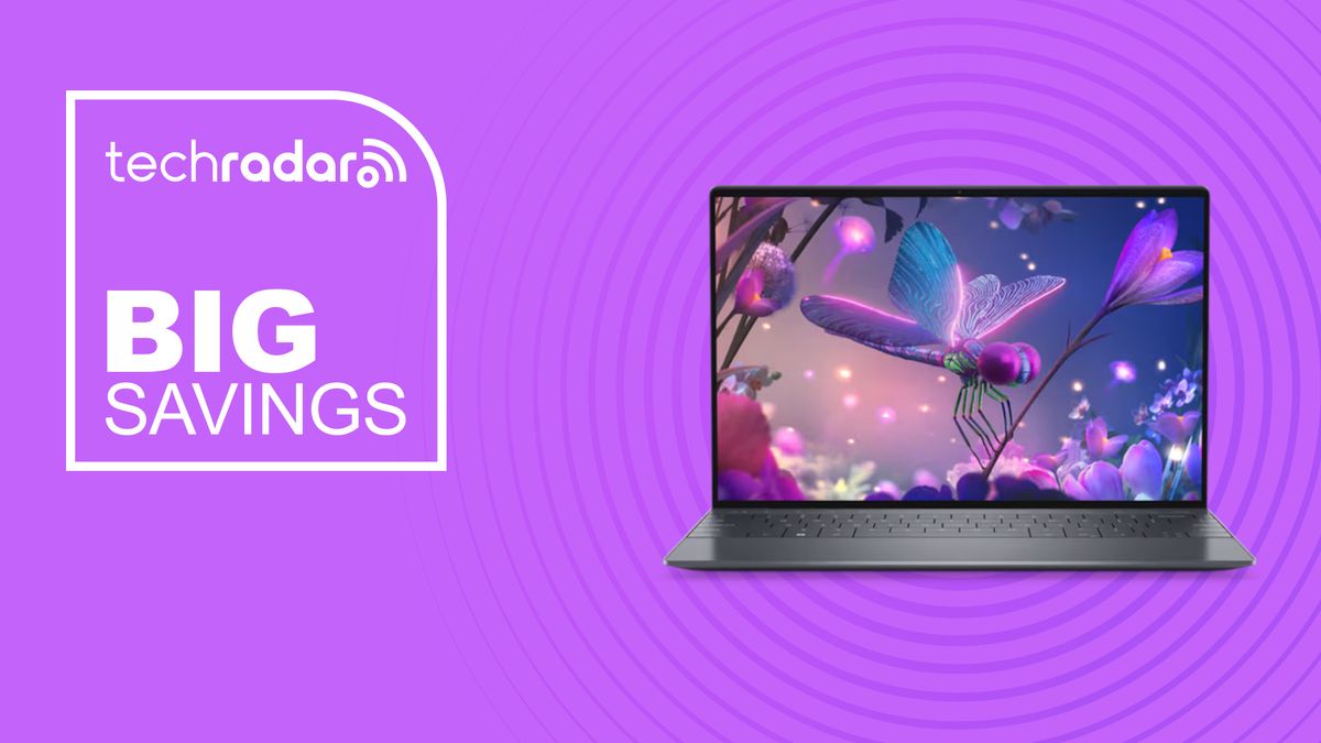 Dell XPS 13 on purple background with big savings text overlay