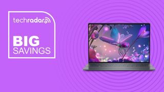 Dell XPS 13 on purple background with big savings text overlay
