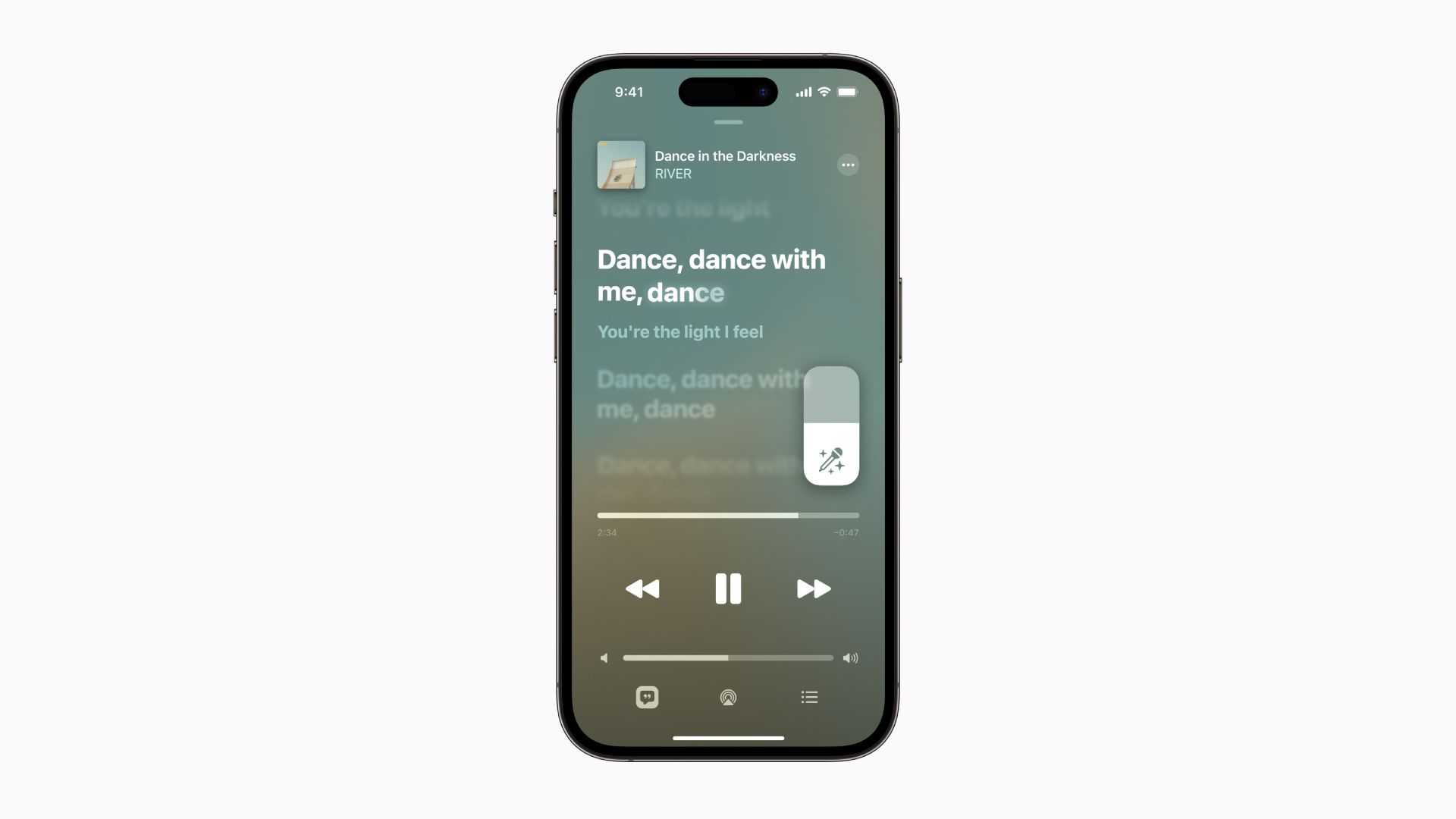 Cómo aparecerá Apple Music Sing en un iPhone, el usuario puede seguir la letra y alterar el volumen de la voz mientras canta.