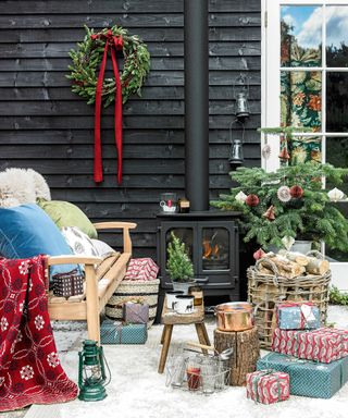 christmas patio with wreath and presents