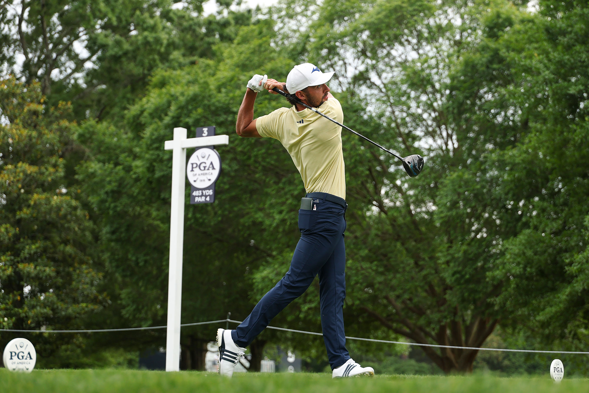 Marco Penge in the finish position with driver, at the 2025 PGA Championship, where he was the third highest ranked player for driving distance and second ranked player for total driving
