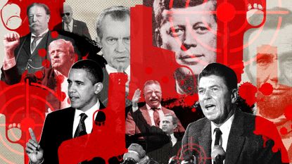 Collage of US presidents who have been the victims of assassination attempts, including Trump, Nixon, Reagan and JFK