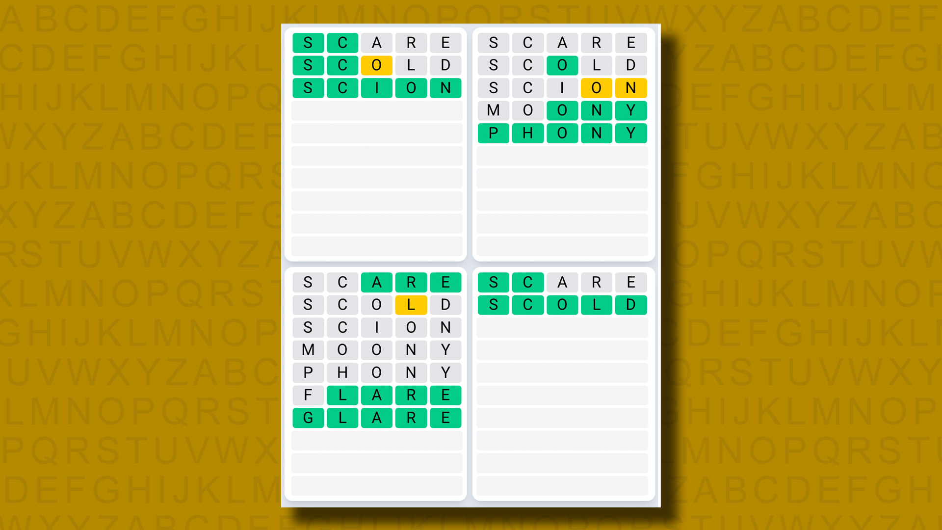 Quordle Daily Sequence answers for game 1200 on a yellow background