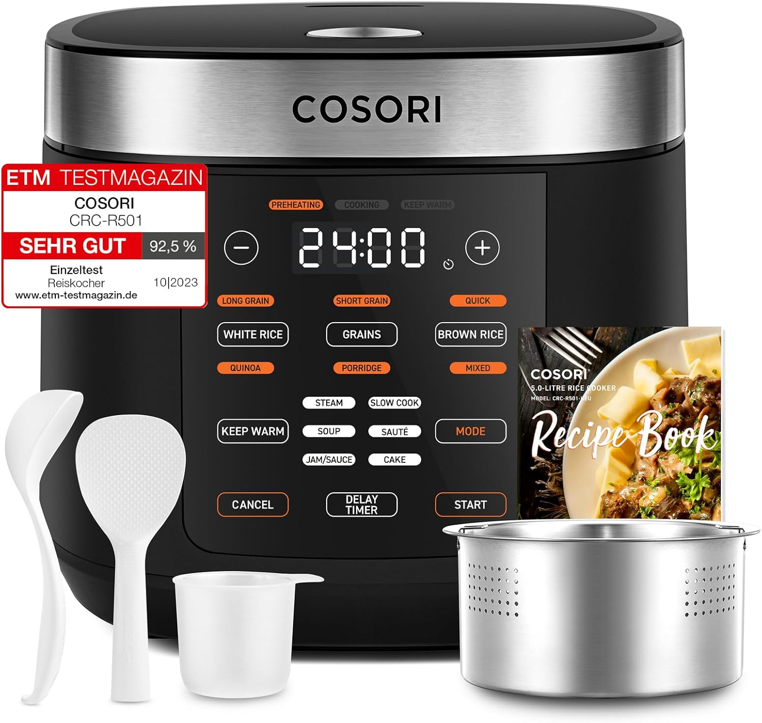 Cosori Rice Cooker, Slow Cooker &amp;amp; Steamer With Ceramic Coated Inner Pot and Fuzzy Logic, 50 Recipes,10 Cups, 5l Capacity, With 17 Functions, Warmer, Timer, Black