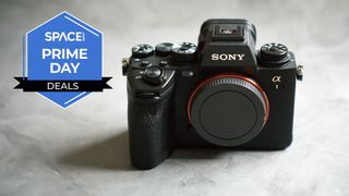 The Sony A1 on a white granite surface with a blue Space.com Prime Day badge in the upper-left corner.