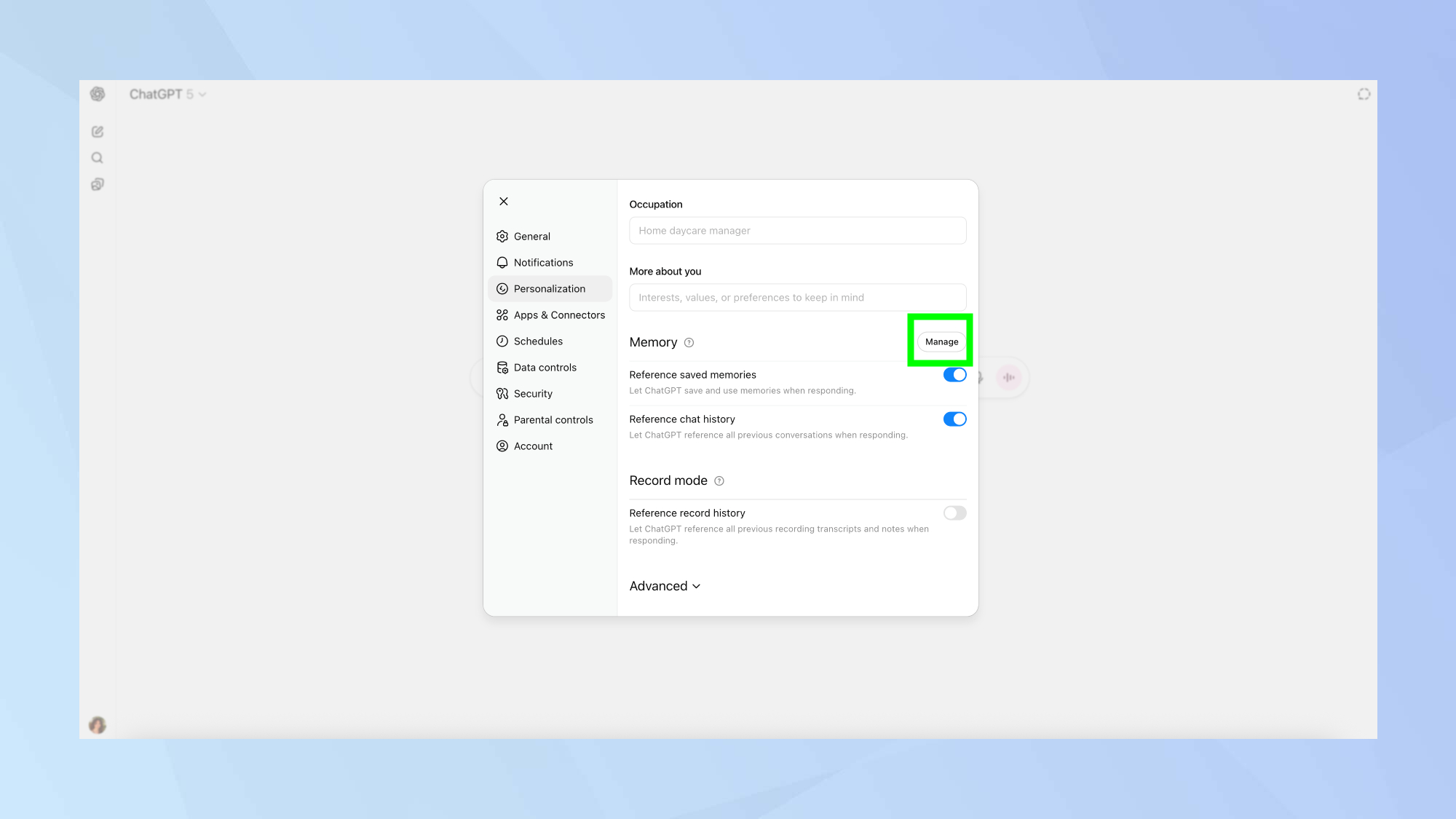 ChatGPT manage memories