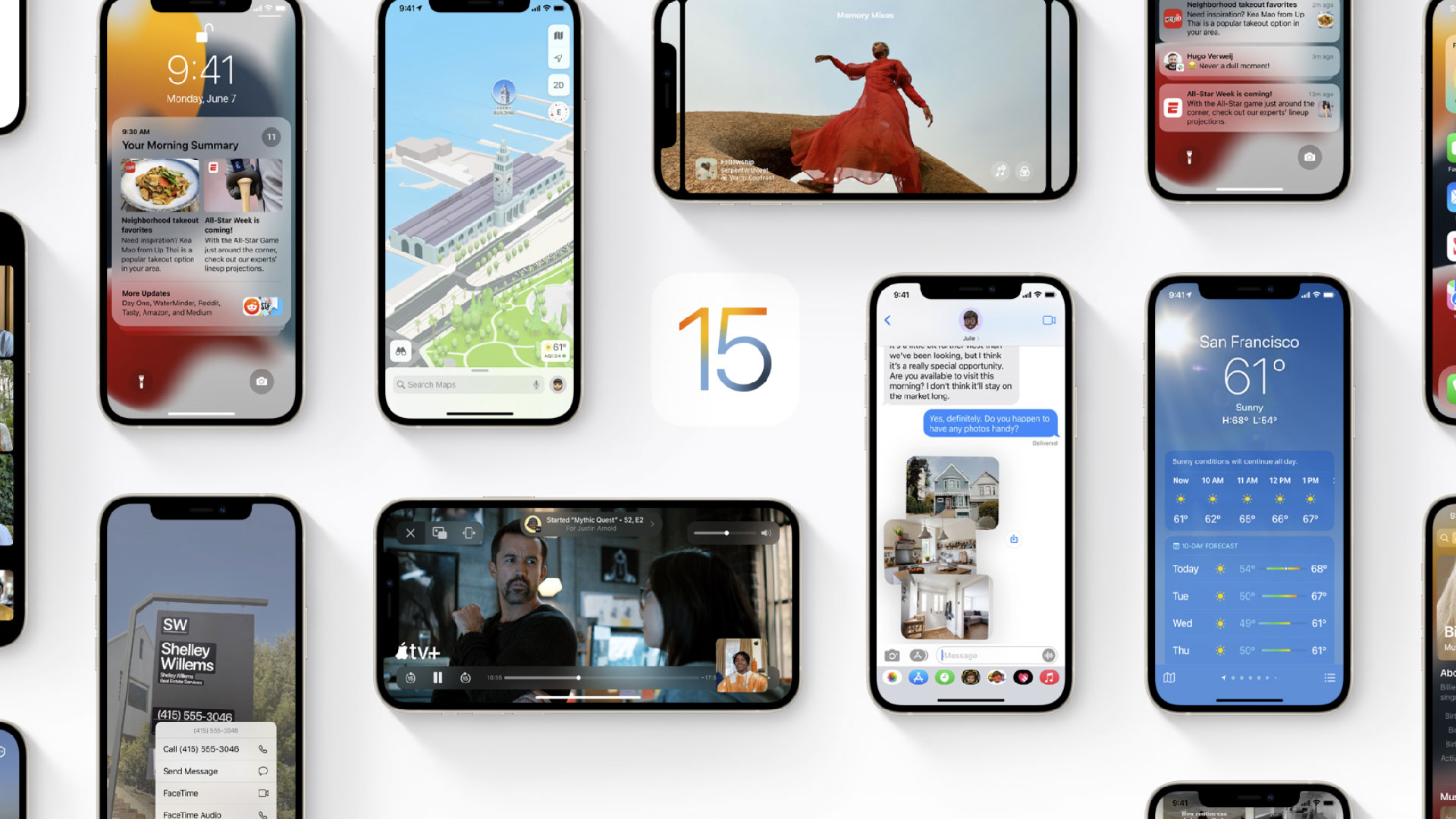 A selection of iOS 15 screenshots showing how the software works