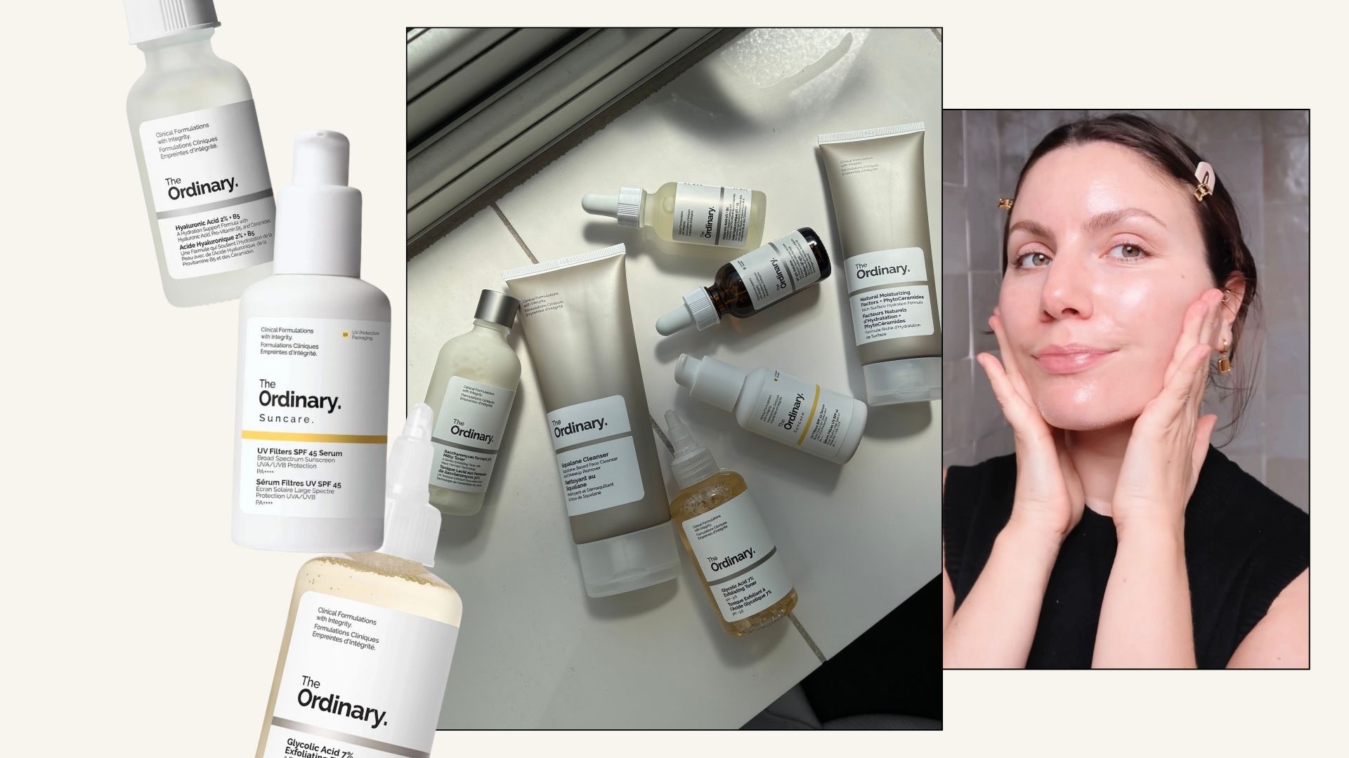 the ordinary skincare flat lay, plus Emma Hoareau applying skincare
