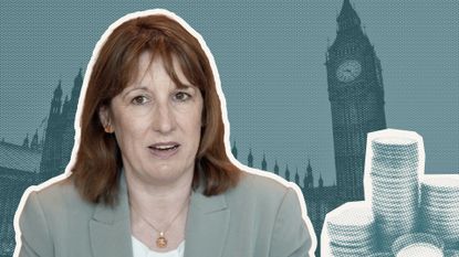 Rachel Reeves in picture beside a stack of coins and the Palace of Westminster.