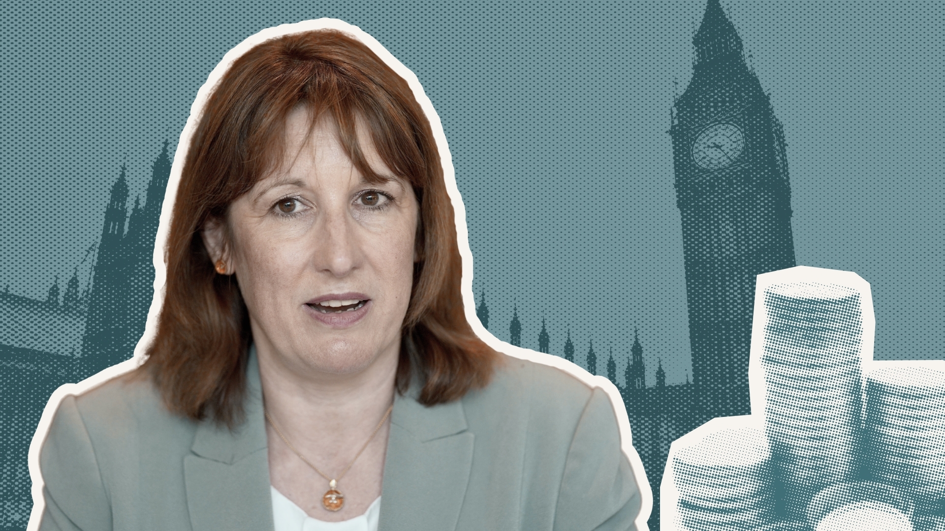 Rachel Reeves in picture beside a stack of coins and the Palace of Westminster.