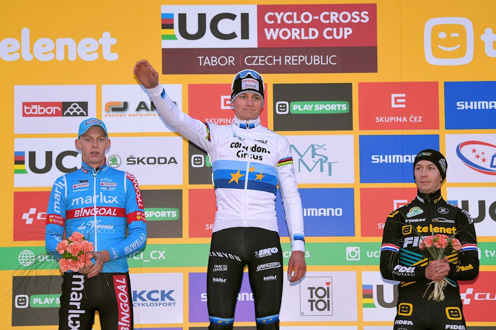 Tabor Wolrd Cup podium: Michael Vanthourenhout (Marlux - Bingoal), Mathieu van der Poel (Corendon - Circus) and Lars Van der Haar (Telenet Fidea Lions)