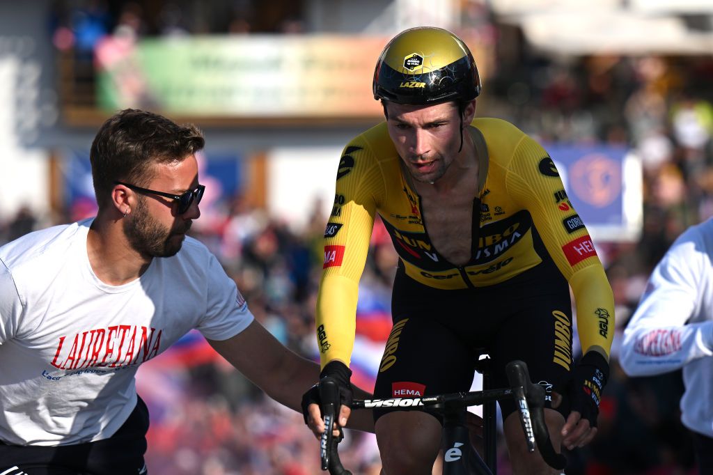 MONTE LUSSARI ITALY MAY 27 Primo Rogli of Slovenia and Team JumboVisma crosses the finish line during the 106th Giro dItalia 2023 Stage 20 a 186km individual climbing time trial stage from Tarvisio 750m to Monte Lussari 1744m UCIWT on May 27 2023 in Monte Lussari Italy Photo by Stuart FranklinGetty Images