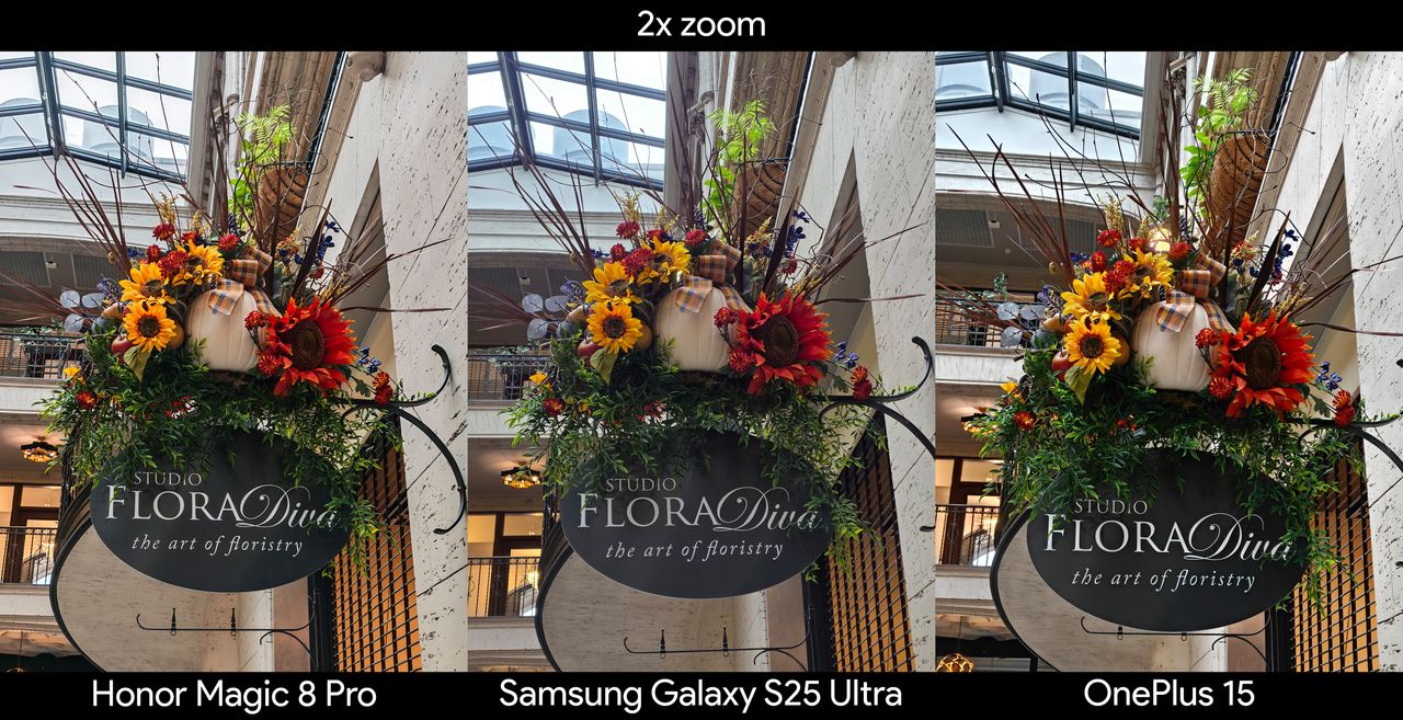 Comparing 2x zoom camera samples between the Honor Magic 8 Pro, OnePlus 15, and Samsung Galaxy S25 Ultra