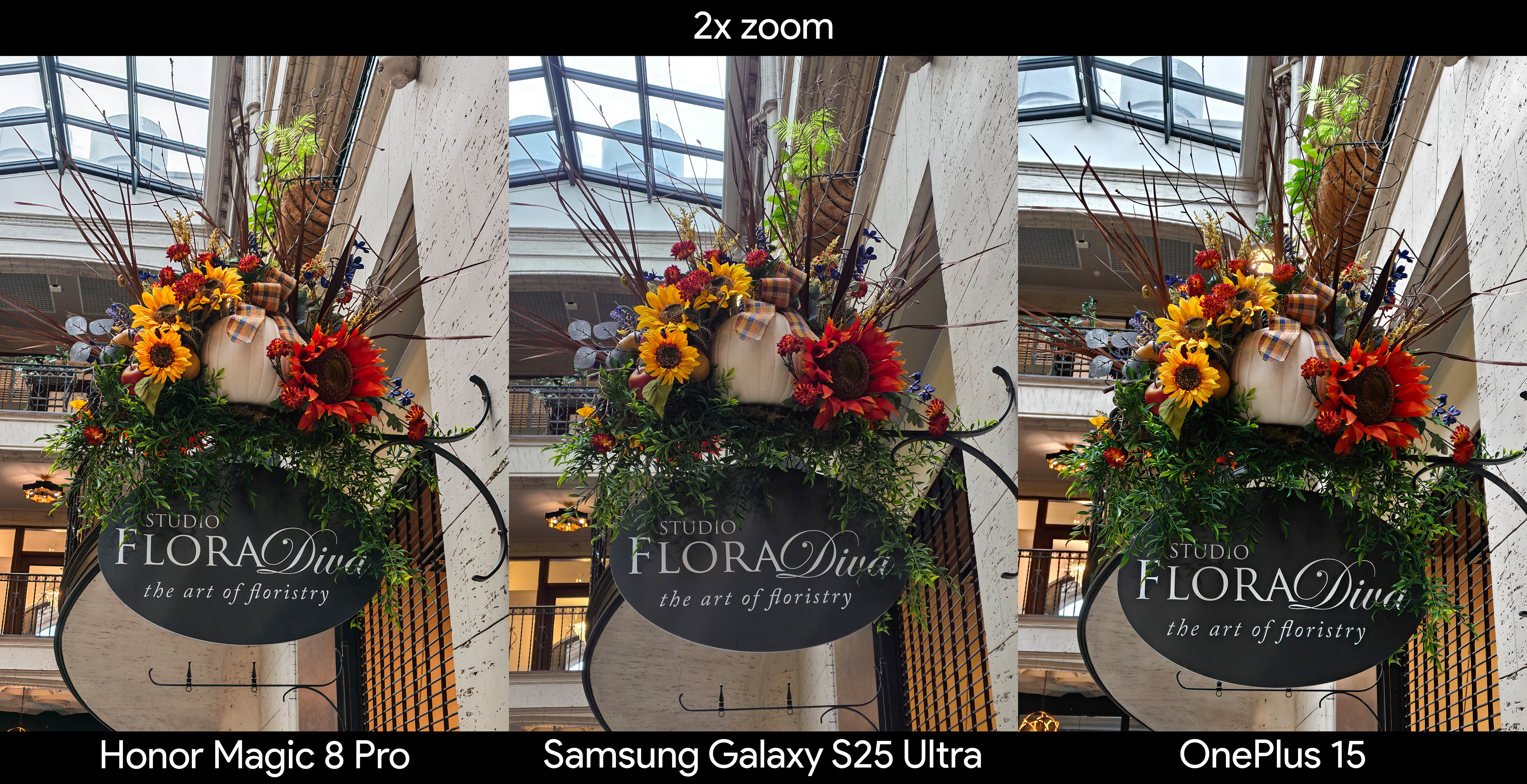 Σύγκριση δειγμάτων κάμερας ζουμ 2x μεταξύ των Honor Magic 8 Pro, OnePlus 15 και Samsung Galaxy S25 Ultra