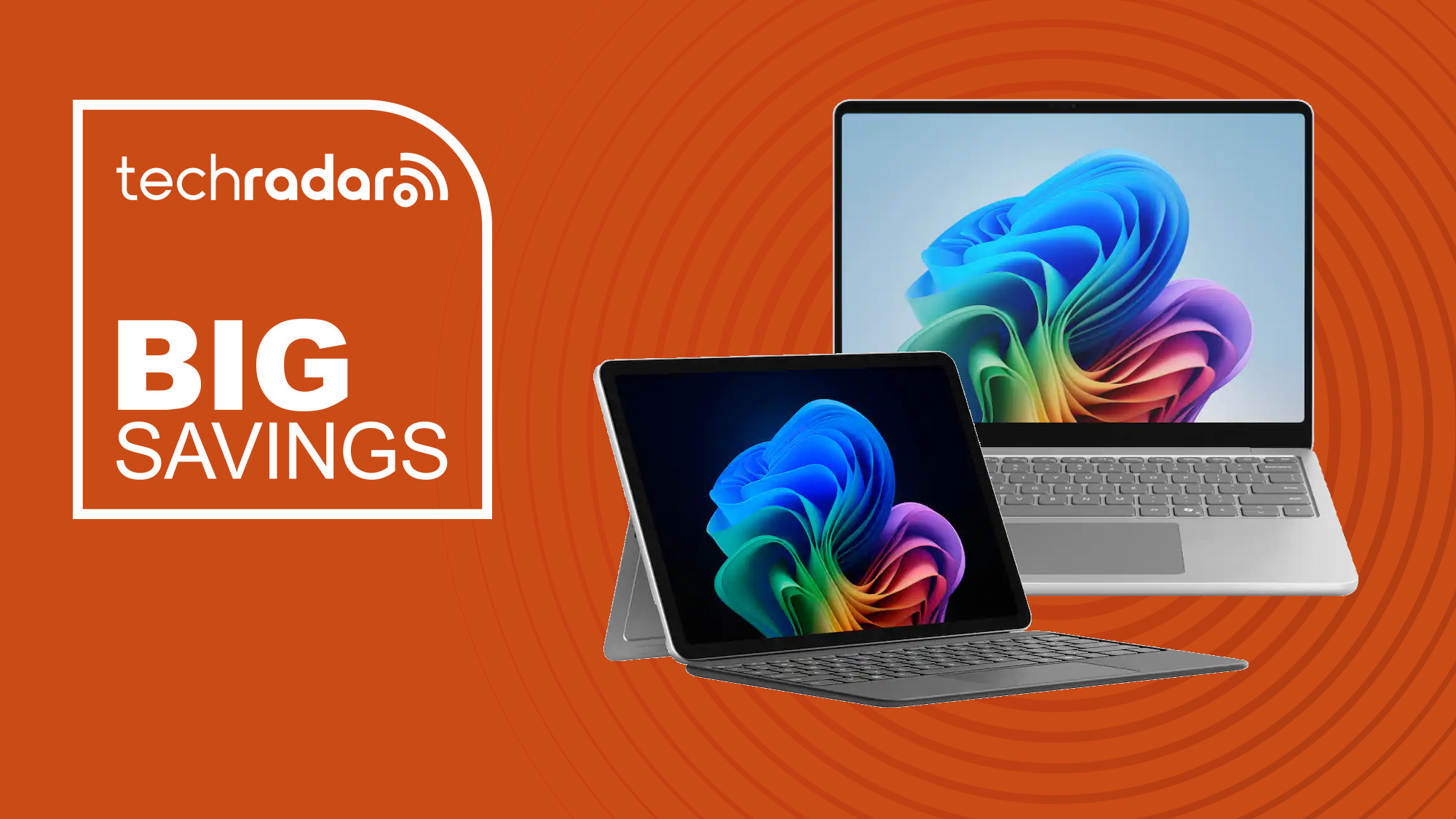 Two Microsoft Surface Laptops on an orange background