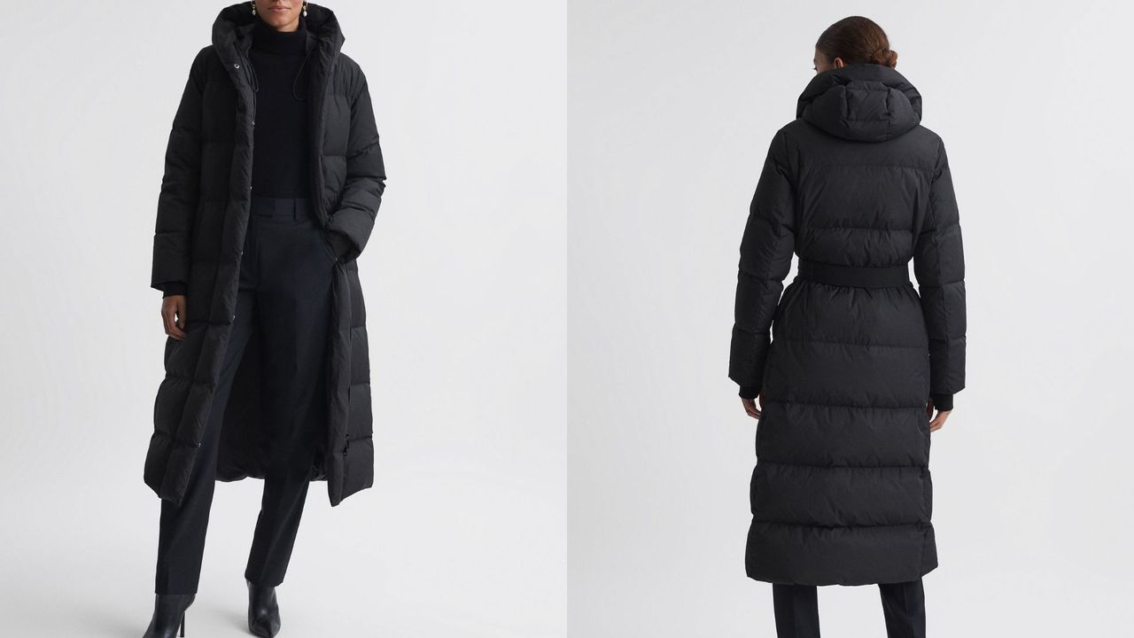 model wearing reiss Larissa Long Belted Puffer Coat