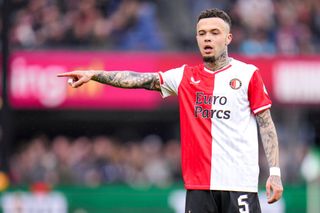 Chelsea target Quilindschy Hartman of Feyenoord points with finger during the Dutch Eredivisie match between Feyenoord and FC Utrecht at Stadion Feijenoord on March 31, 2024 in Rotterdam, Netherlands. (Photo by Rene Nijhuis/BSR Agency/Getty Images)