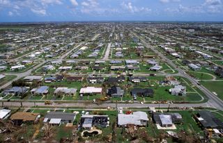 aerial view of Homestead, Florida, after Hurricane Andrew with rows of houses along a grid system destroyed