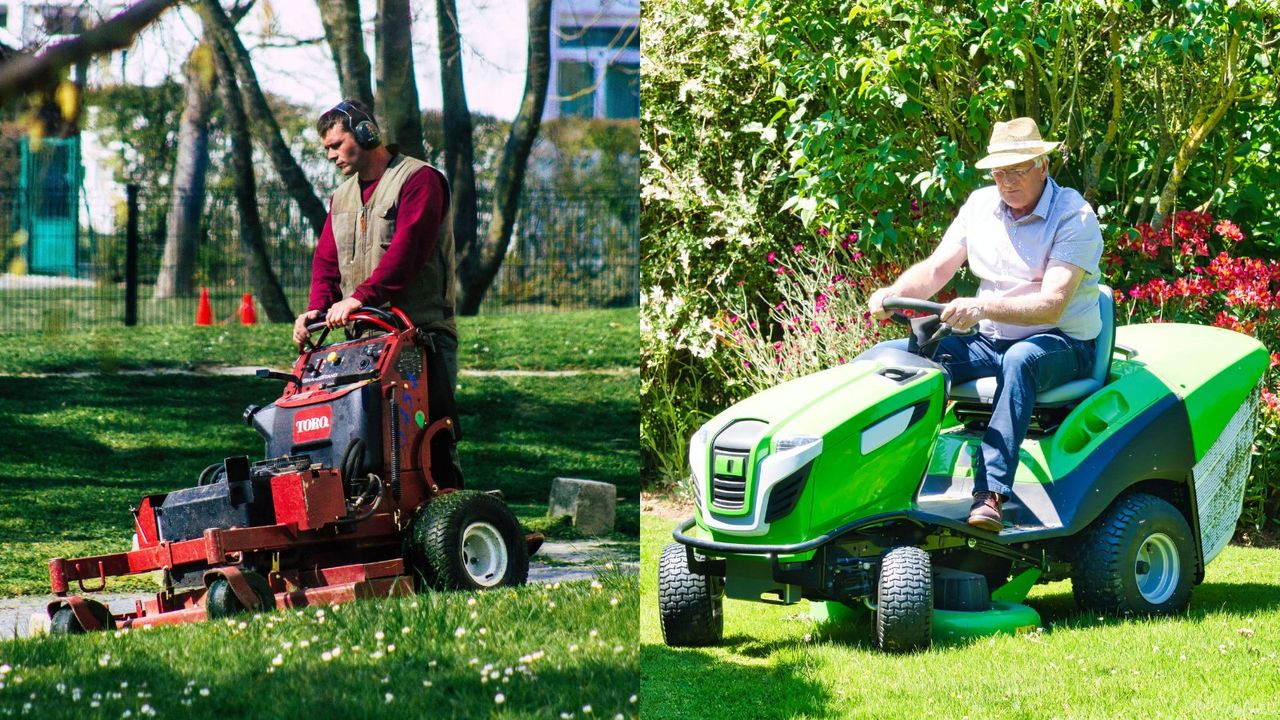 A two-panel image demonstrating Standing lawn mower vs ride-on mower ; in the first image, a man uses a red standing mower; in the second, a man sits on a green ride-on mower