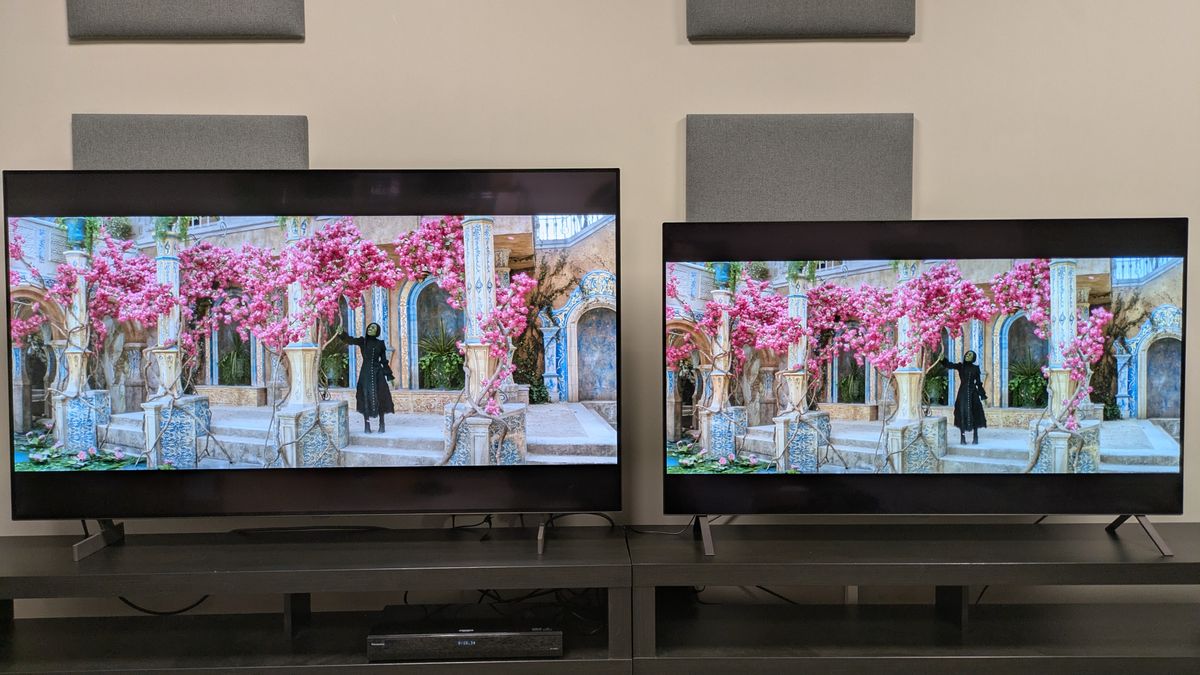 The LG B6 (left) and LG B5 (right) showing Wicked on screen, with Elphaba standing under a tree with pink flowers. Both TVs show great color reproduction, but the B6's colors are a touch bolder.