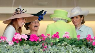 Prince Philip reacts with rage, Princess Beatrice, Sarah, Duchess of York and Lady Carolyn Warren (r) seen talking with Queen Elizabeth II in the Royal Box before watching The Queen's horse 'Elector' run in the King Edward VII stakes on day 4 of Royal Ascot at Ascot Racecourse on June 22, 2018 in Ascot, England