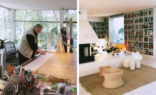Left, Aarnio at work in his home-studio. Right, the living room, with a ‘Ghost’ lamp, ‘Mini Pony’, ‘Rattan Stool’